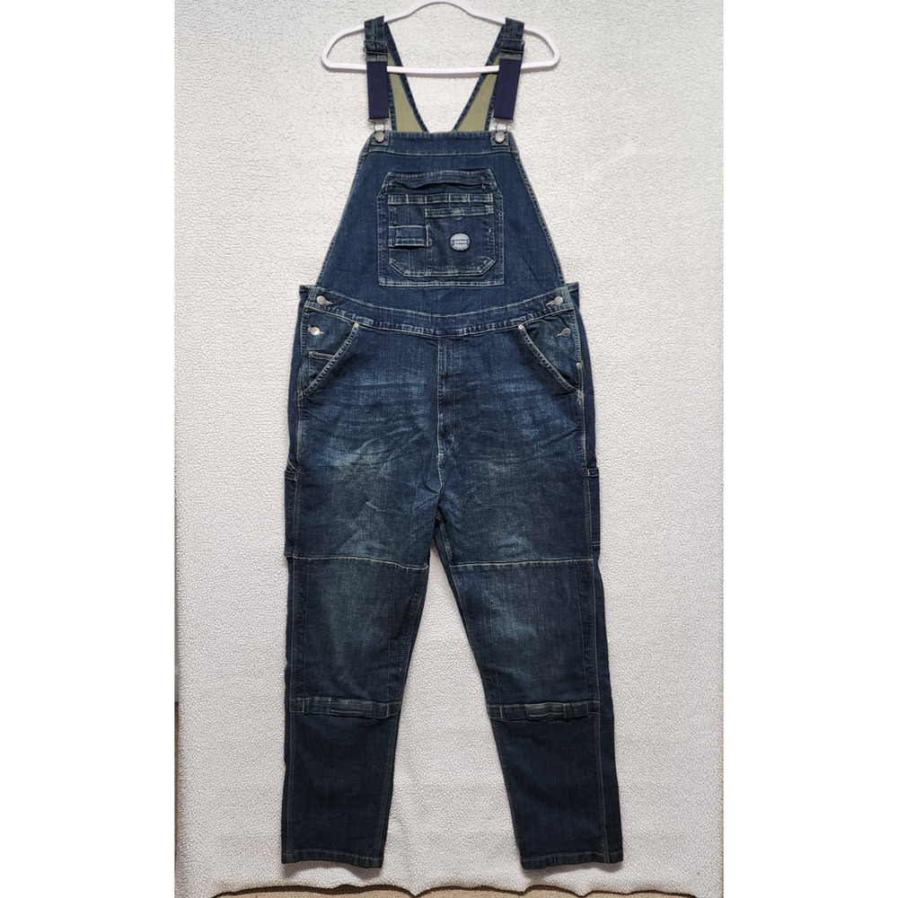 Berne Mens Bib Overalls 42x32 Unlined Vintage Wash Flex Denim Reinforced Knee